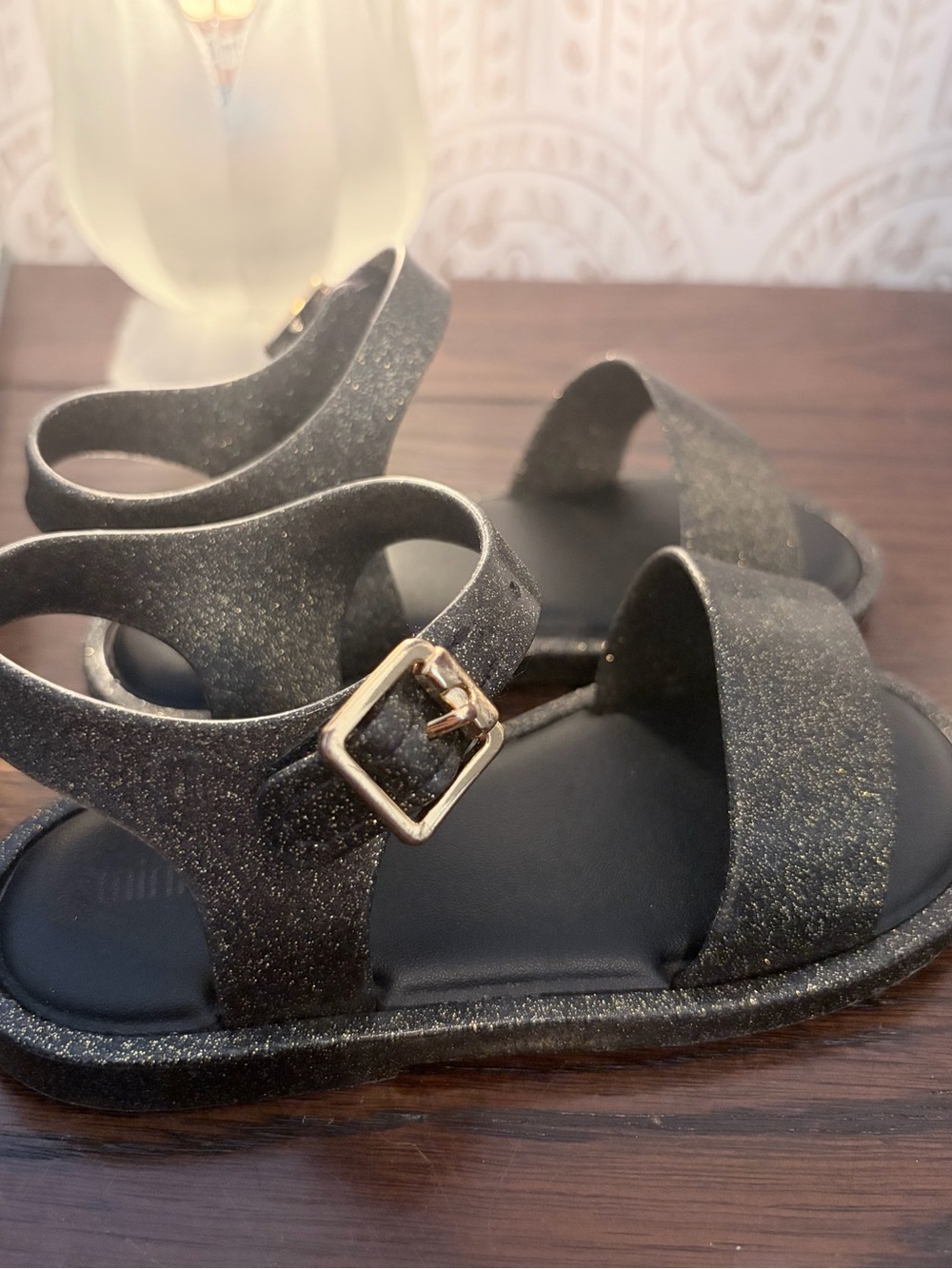 Mini Melissa Black Glitter Ankle-Strap Kids Sandals